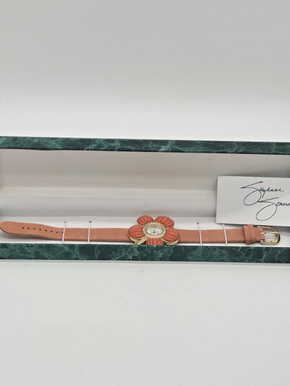 Suzanne Somers Flower Watch Pink Leather Strap Gold Tone Rhinestone Women's